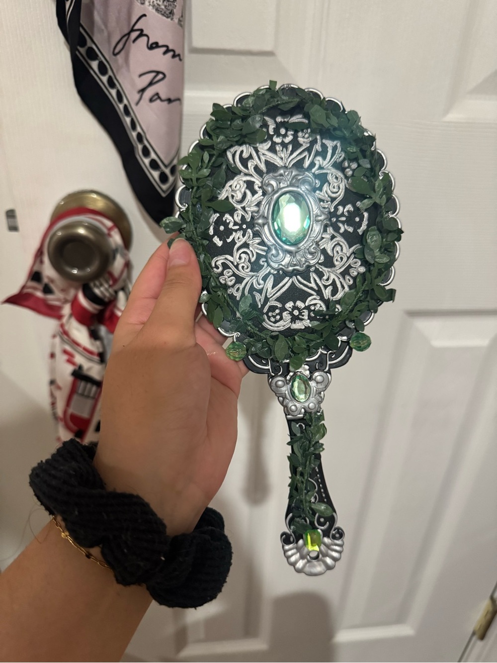 Whimsical Fairycore green gem silver filigree handmade embellished hand Mirror